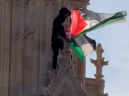 男子持巴勒斯坦旗 赤腳爬大笨鐘被捕 男子持巴勒斯坦旗 赤腳爬大笨鐘被捕